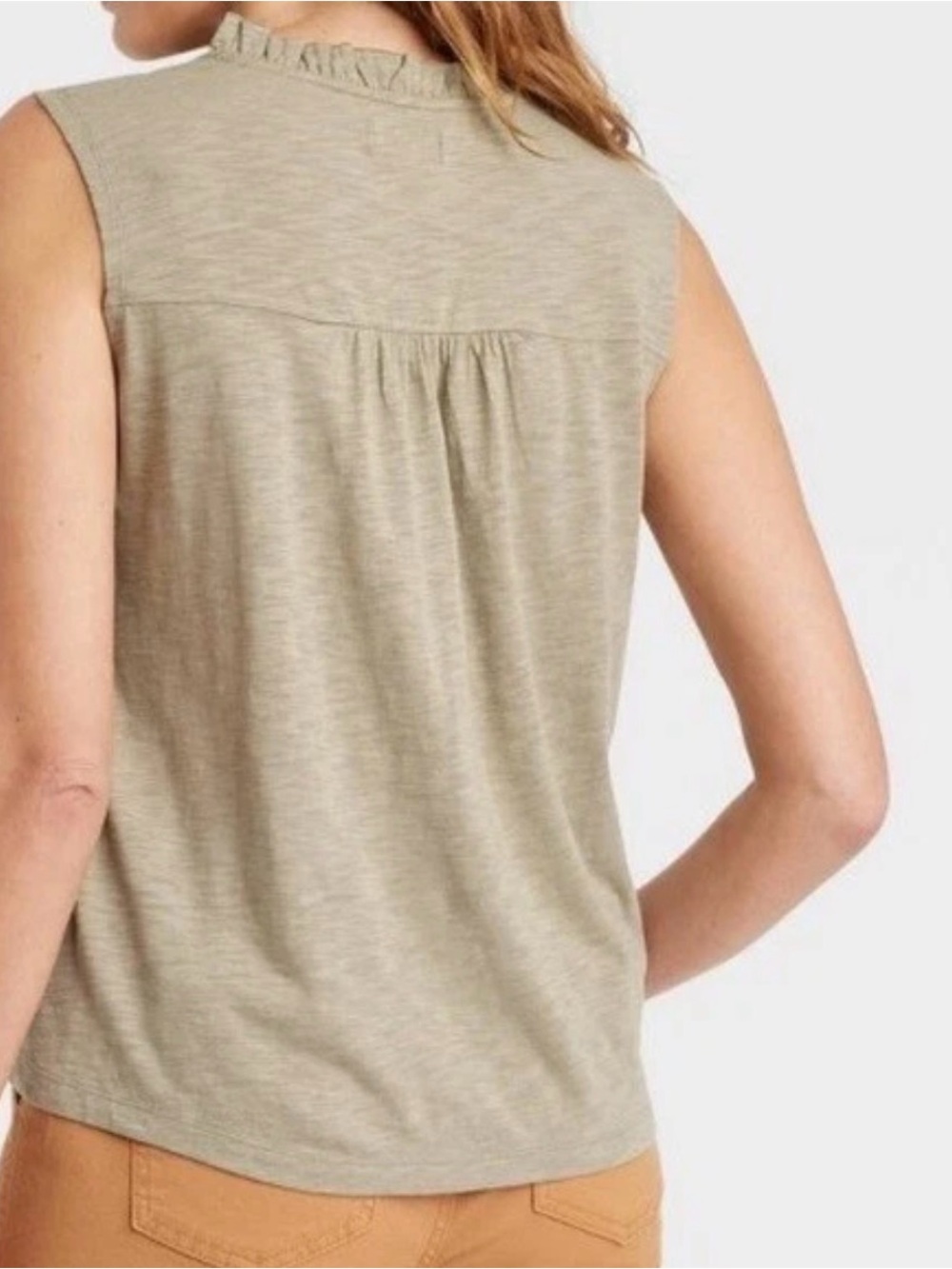 Knox Rose Sleeveless Ruffle-Yoke Tank Top in Light Olive Green